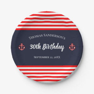 Birthday Nautical Marine Navy Blue White Stripes Paper Plates