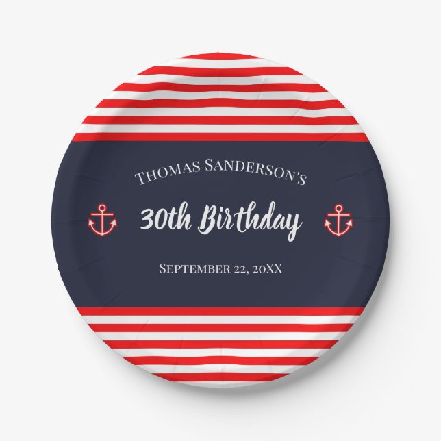 Birthday Nautical Marine Navy Blue White Stripes Paper Plates (Front)