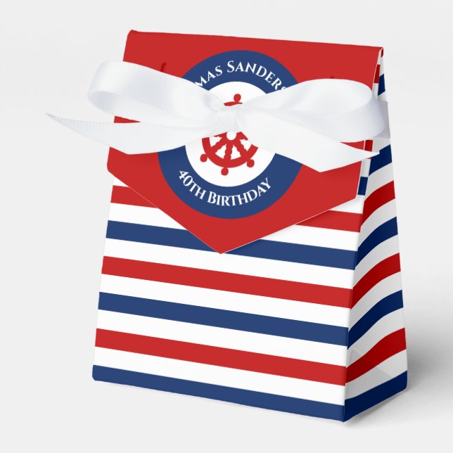 Birthday Nautical Marine Red Rudder White Stripes Favor Boxes (Front Side)
