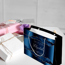 Birthday navy blue agate gold name elegant large gift bag