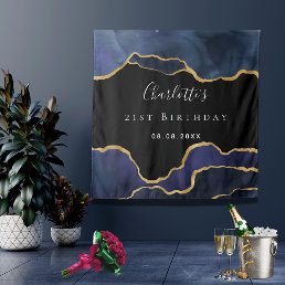 Birthday navy blue black gold agate tapestry