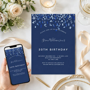 Birthday navy blue confetti men guy invitation