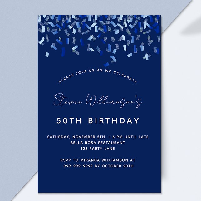 Birthday navy blue confetti men guy luxury invitation (Creator Uploaded)