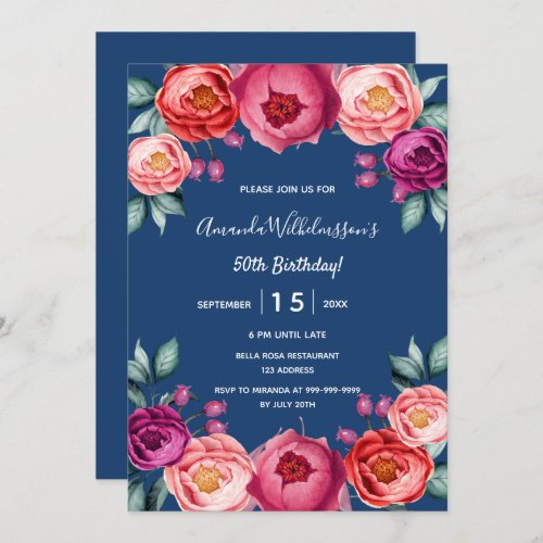 Birthday navy blue floral blush pink purple invitation