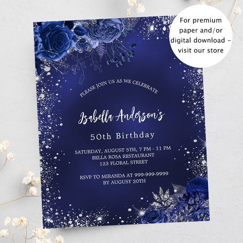 Birthday navy blue floral silver budget invitation