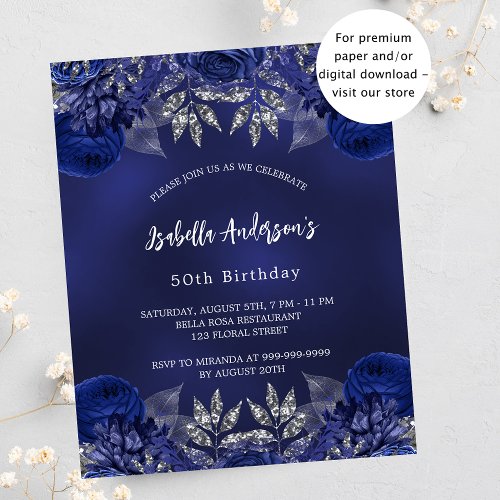 Birthday navy blue flowers budget invitation