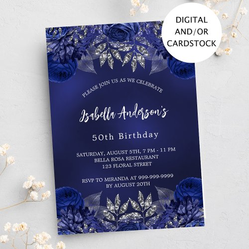 Birthday navy blue flowers elegant invitation