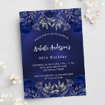 Birthday navy blue flowers elegant invitation postcard<br><div class="desc">A navy blue background,  decorated with blue roses,  flowers. The blue color is uneven. Personalize and add a name and party details. 
Back: navy blue and faux silver sparkles.</div>