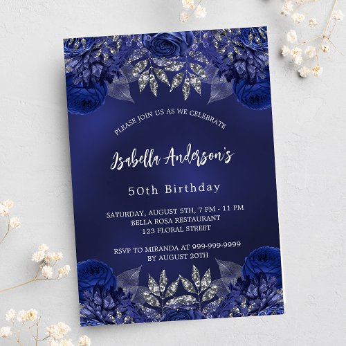 Birthday navy blue flowers elegant invitation postcard