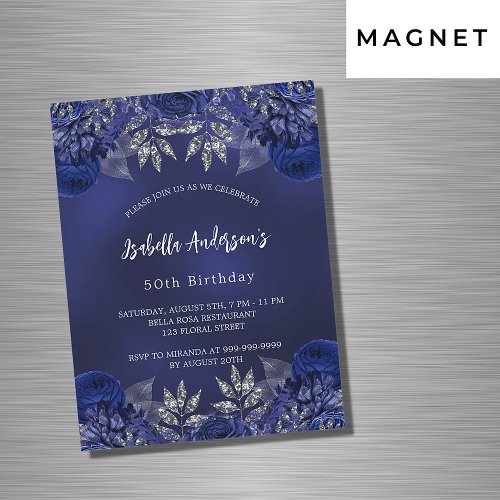 Birthday navy blue flowers elegant luxury magnetic invitation
