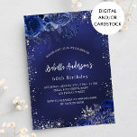 Birthday navy blue flowers silver sparkles invitation<br><div class="desc">A navy blue background,  decorated with faux silver glitter,  sparkles and blue florals. The blue color is uneven. Personalize and add a name and party details.</div>