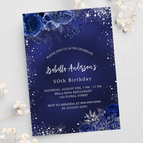 Birthday navy blue flowers silver sparkles luxury invitation