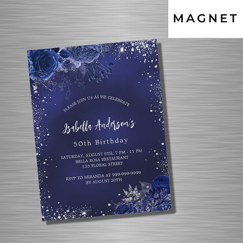 Birthday navy blue flowers silver sparkles luxury magnetic invitation