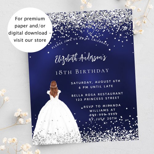 Birthday navy blue glitter dress budget invitation