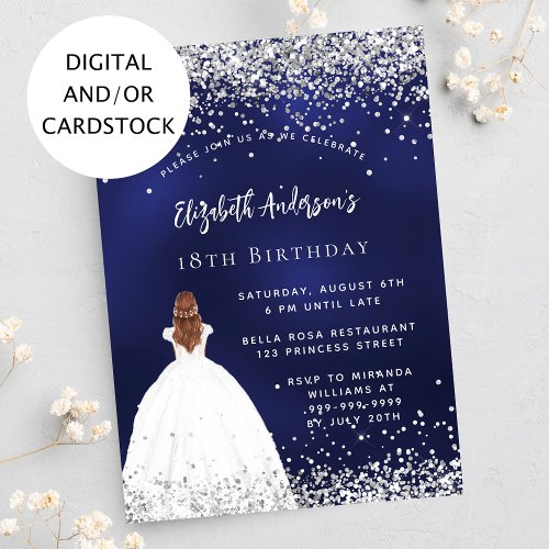 Birthday navy blue glitter dress invitation