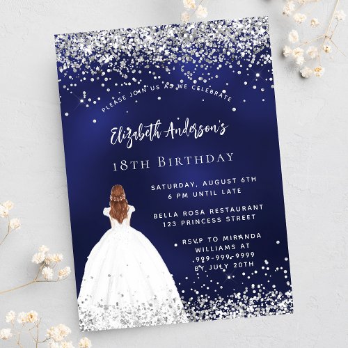 Birthday navy blue glitter dress invitation postcard