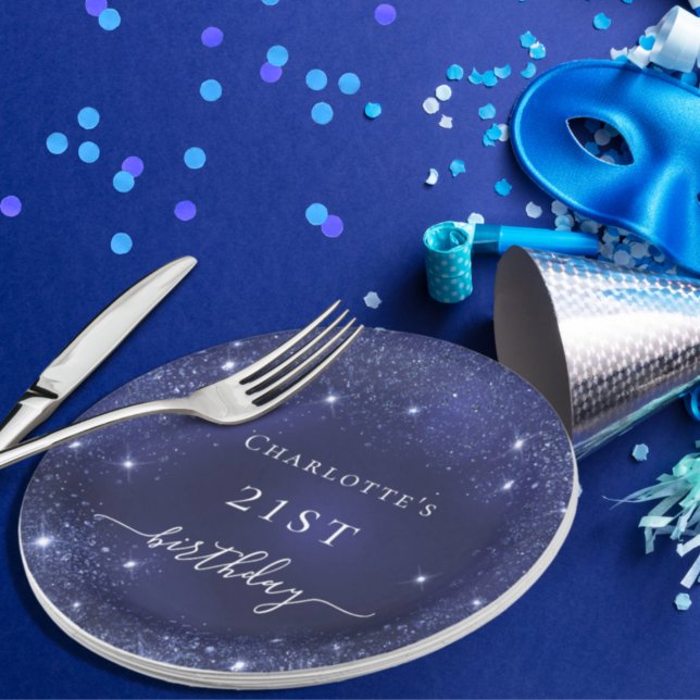 Birthday navy blue glitter dust monogram paper plates (Creator Uploaded)