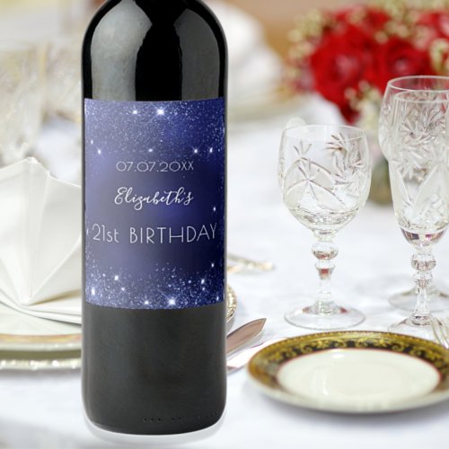 Birthday navy blue glitter dust monogram wine label