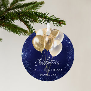 Birthday navy blue glitter gold balloons metal ornament