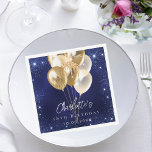 Birthday navy blue glitter gold balloons napkins<br><div class="desc">A navy blue background with elegant faux sparkles and golden balloons. The blue color is uneven.  Personalize and add a name and age.  White letters.</div>