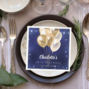 Birthday navy blue glitter gold balloons napkins