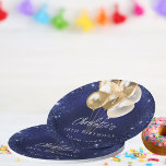Birthday navy blue glitter gold balloons paper plates<br><div class="desc">A navy blue background with elegant faux sparkles and golden balloons. The blue color is uneven.  Personalize and add a name and age.  White letters.</div>