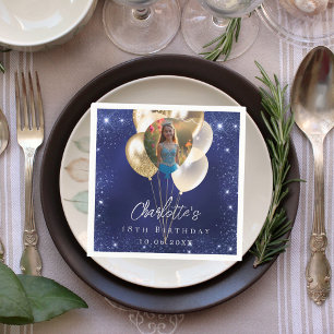 Birthday navy blue glitter gold balloons photo napkins
