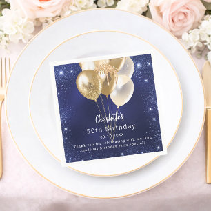 Birthday navy blue glitter gold balloons thank you napkins