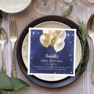 Birthday navy blue glitter gold balloons thank you napkins