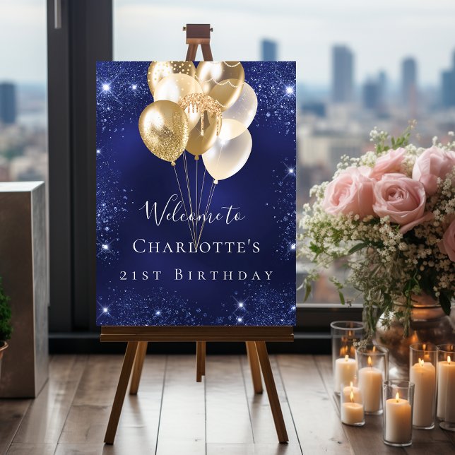 Birthday navy blue glitter gold balloons welcome foam board (Creator Uploaded)
