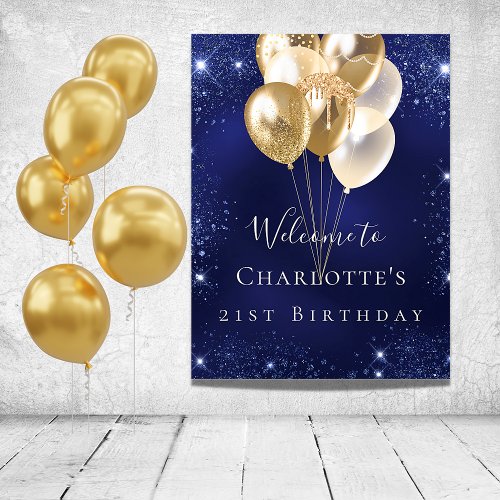Birthday navy blue glitter gold balloons welcome poster