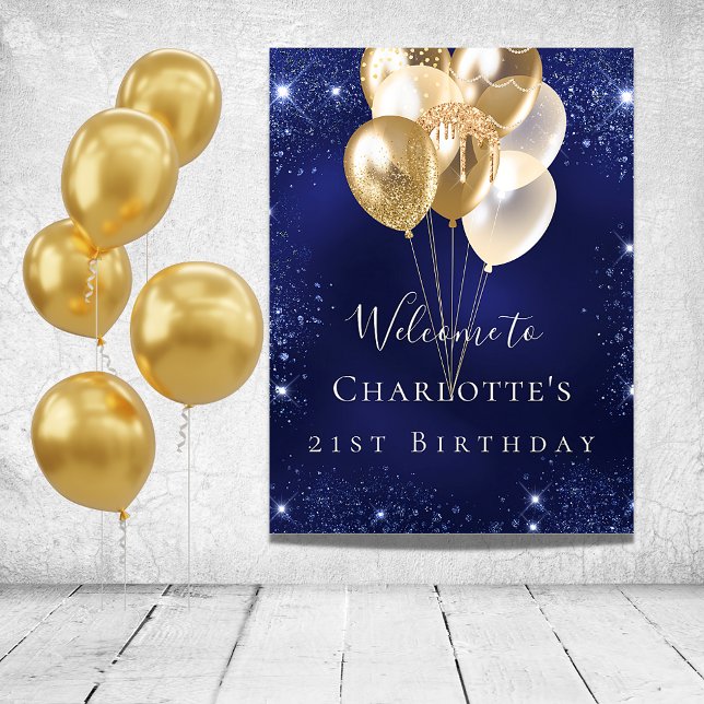 Birthday navy blue glitter gold balloons welcome poster (Creator Uploaded)