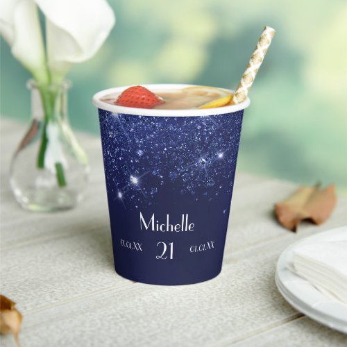 Birthday navy blue glitter name glamorous paper cups