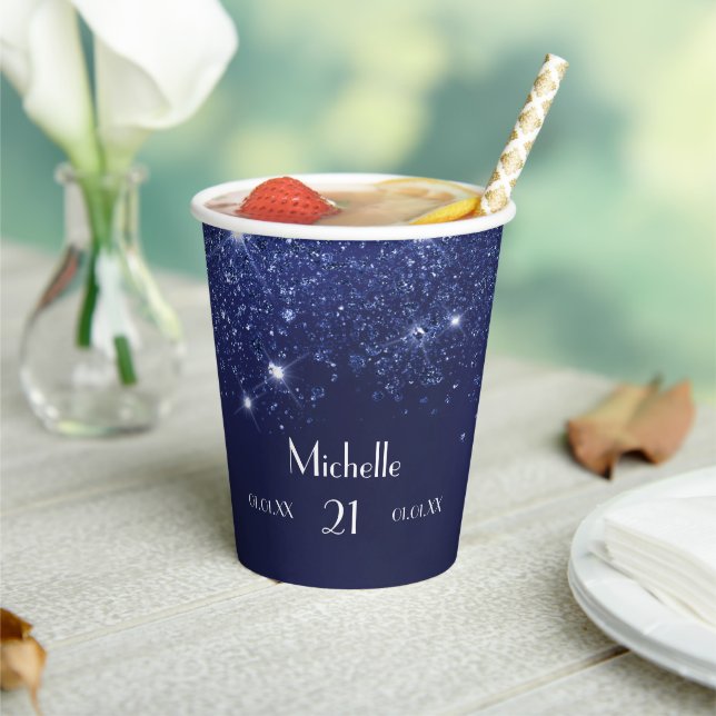 Birthday navy blue glitter name glamorous paper cups (Insitu)