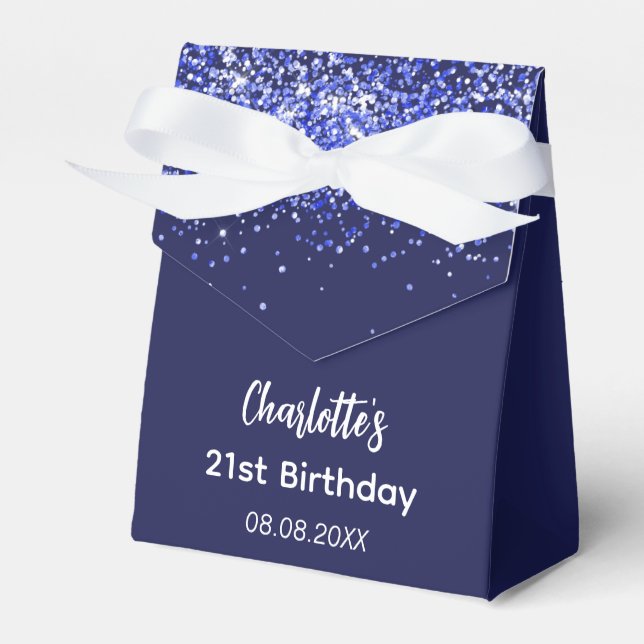 Birthday navy blue glitter name thank you  favor boxes (Front Side)