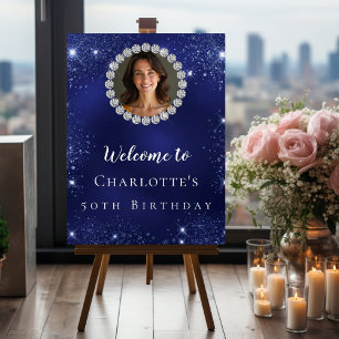 Birthday navy blue glitter photo diamonds welcome foam board