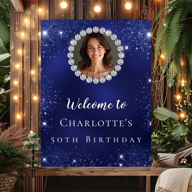 Birthday navy blue glitter photo diamonds welcome poster (Creator Uploaded)