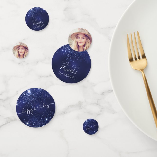 Birthday navy blue glitter photo name confetti (Group)