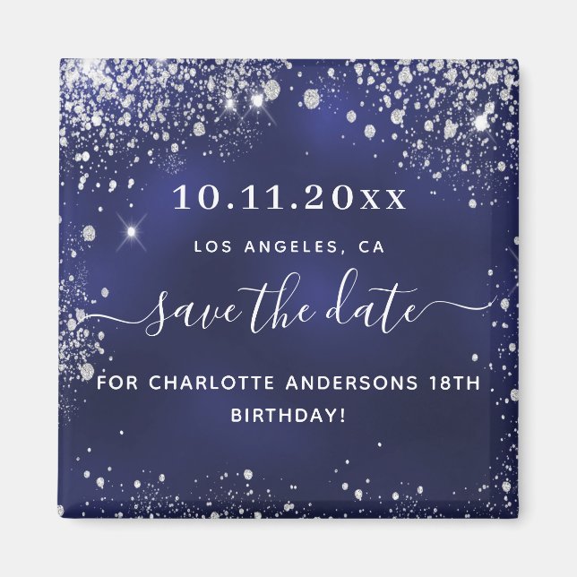Birthday navy blue glitter save the date magnet (Front)
