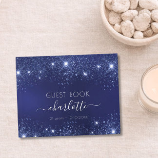 Birthday navy blue glitter sparkles name script guest book