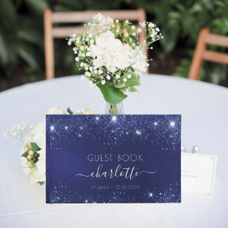 Birthday navy blue glitter sparkles name script guest book