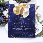 Birthday navy blue gold balloon budget invitation flyer<br><div class="desc">Please note that this invitation is on flyer paper and very thin. Envelopes are not included. For thicker invitations (same design) please visit our store. A modern, stylish and glamorous invitation for a 21st (or any age) birthday party. A navy blue background, decorated with blue and faux gold glitter sparkles...</div>