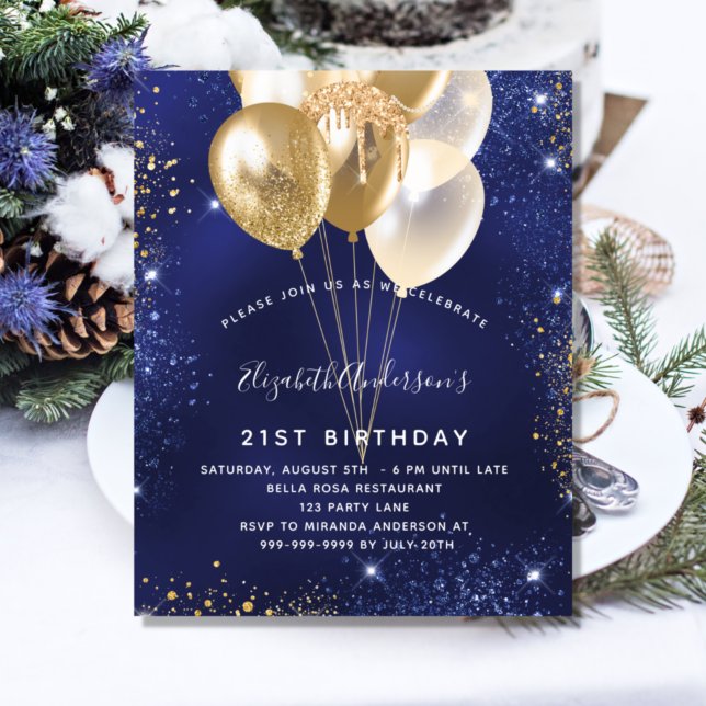 Birthday navy blue gold balloon budget invitation flyer (Creator Uploaded)