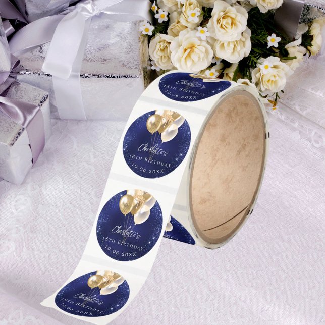 Birthday navy blue gold balloons classic round sticker (Creator Uploaded)