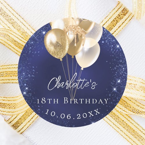 Birthday navy blue gold balloons classic round sticker