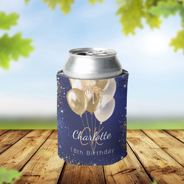 Birthday navy blue gold balloons monogram name can cooler (Creator Uploaded)