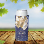 Birthday navy blue gold balloons monogram name seltzer can cooler<br><div class="desc">For a girly and glamorous 18th (or any age) birthday party with the girls.  A navy blue uneven colored background with blue and faux gold glitter and balloons. Personalize and add a name and monogram initials,  age or text.</div>