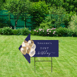 Birthday navy blue gold balloons name arrow sign<br><div class="desc">For a 21st (or any age) birthday party. A classic navy blue background. Decorated with golden balloons. Personalize and add a name and age 21.</div>