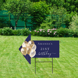 Birthday navy blue gold balloons name arrow sign