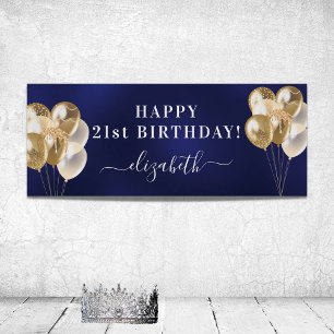 Birthday navy blue gold balloons name script poster